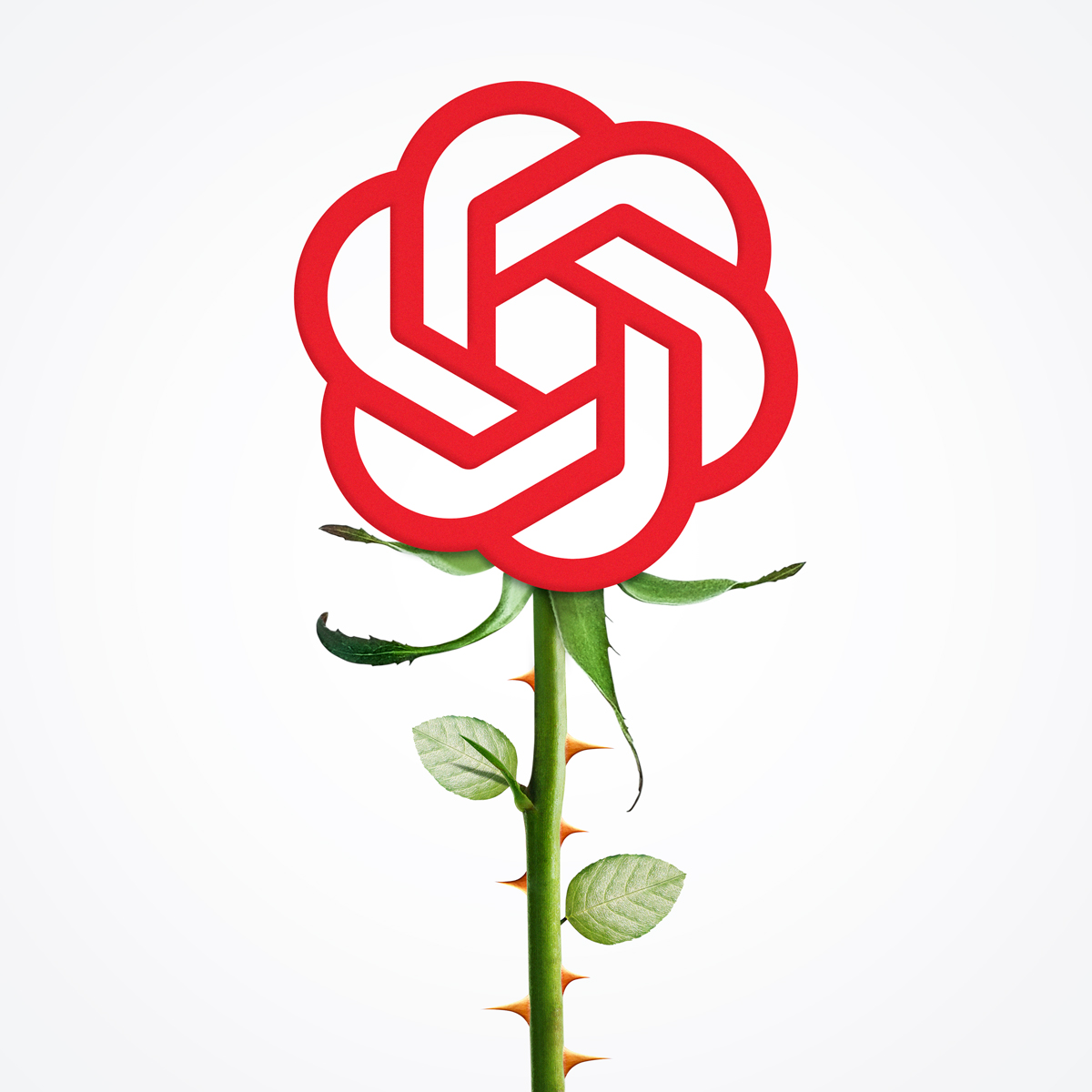 An illustration by Mariaelena Caputi of a red rose whose corolla consists of the OpenAI company logo and whose stem is full of sharp thorns. It is a metaphor for the complexity and contradictions that the progress of artificial intelligence is bringing out.