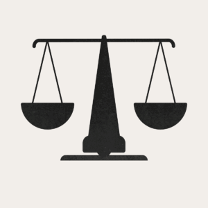 An illustration by Mariaelena Caputi of a scale - a metaphor for the legal system - with the appearance of a face that becomes sad and disappointed.