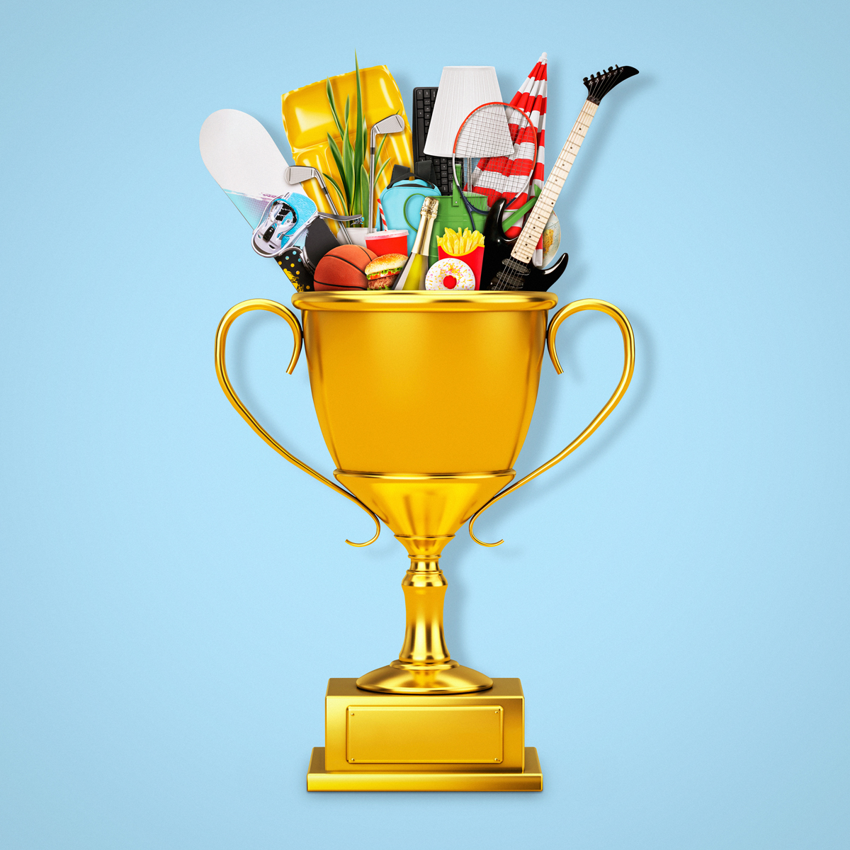 An illustration by Mariaelena Caputi of a golden cup containing items from various brands. It celebrates the longest-running brands on the Franchise 500 list.