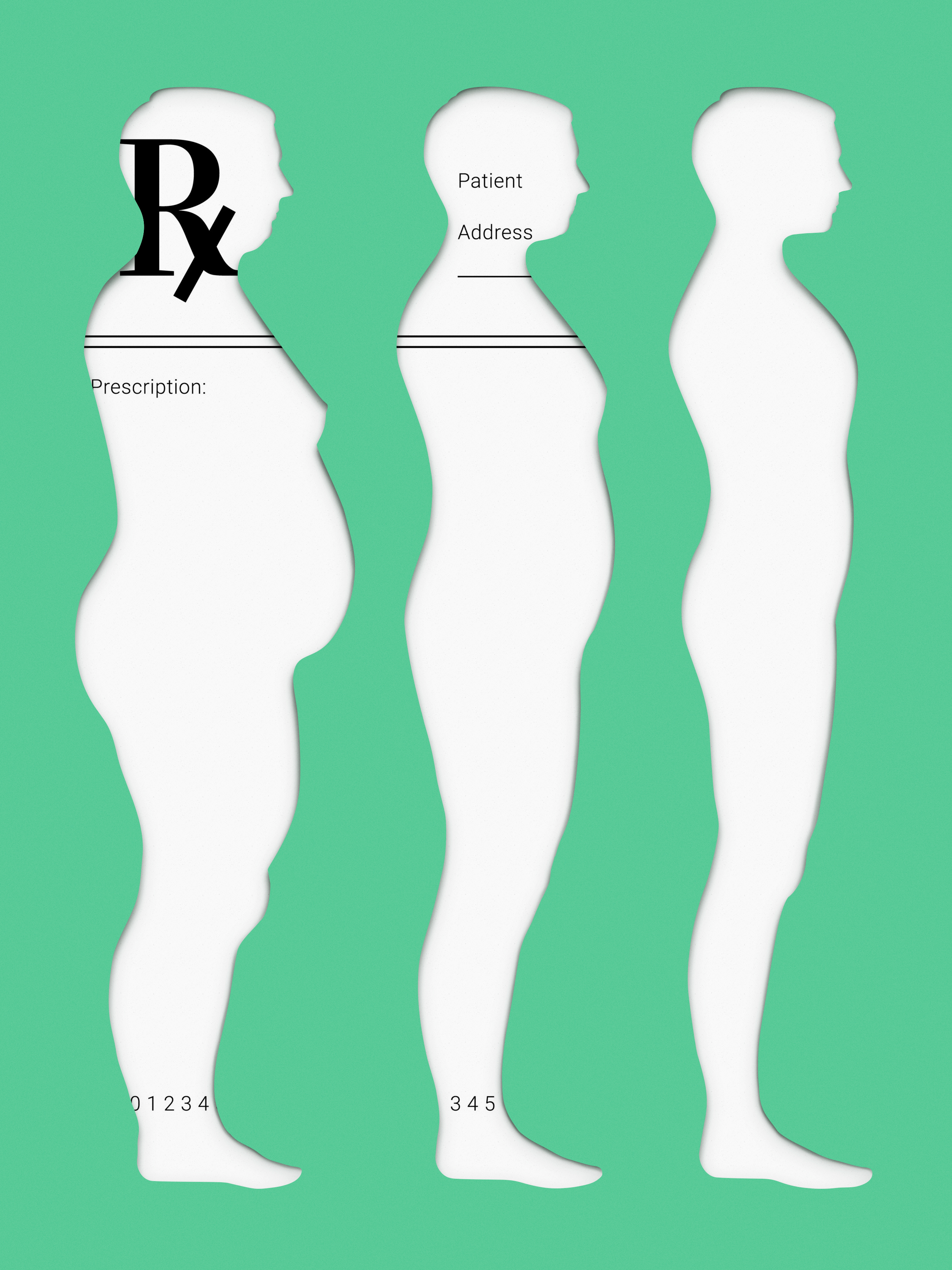 An illustration by Mariaelena Caputi showing the silhouettes of a man who becomes thin from obese. While a doctor's prescription appears within the silhouettes of the obese man and the overweight man, symbolizing the state of illness in which the subject pours, it is not visible within the silhouette of the thin man.