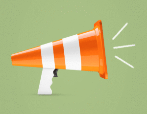 A series of illustrations by Mariaelena Caputi on the topic of corporate advocacy in a time of social outrage. The first image depicts a megaphone made from a traffic cone. The second shows some bricks in the shape of speech bubbles that, all together, build a solid structure.