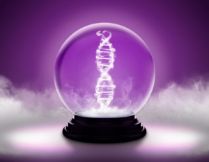 An illustration by Mariaelena Caputi of a magic crystal ball inside which a DNA sequence appears.