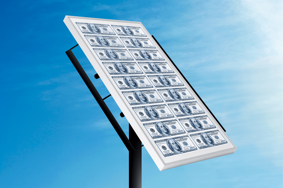 An illustration by Mariaelena Caputi of a solar panel made of dollars.