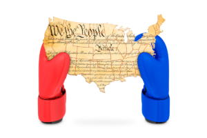 An illustration by Mariaelena Caputi of two boxing gloves, one red and the other blue, holding together a piece of the U.S. Constitution shaped like the United States.