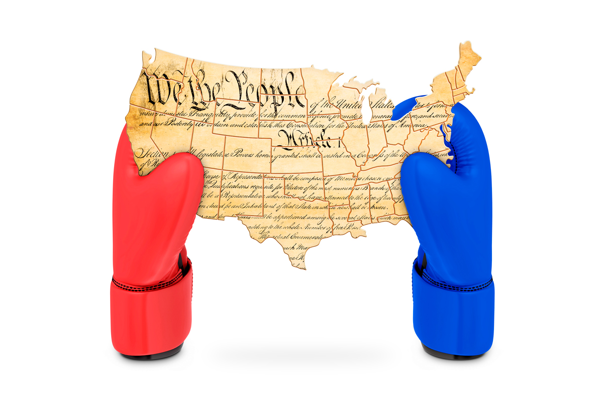An illustration by Mariaelena Caputi of two boxing gloves, one red and the other blue, holding together a piece of the U.S. Constitution shaped like the United States.