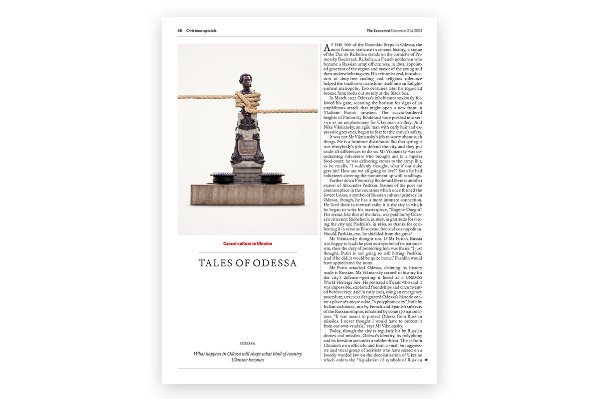 An illustration by Mariaelena Caputi of an Alexander Pushkin statue tied with a rope whose ends are overbearingly pulled to two opposite sides.