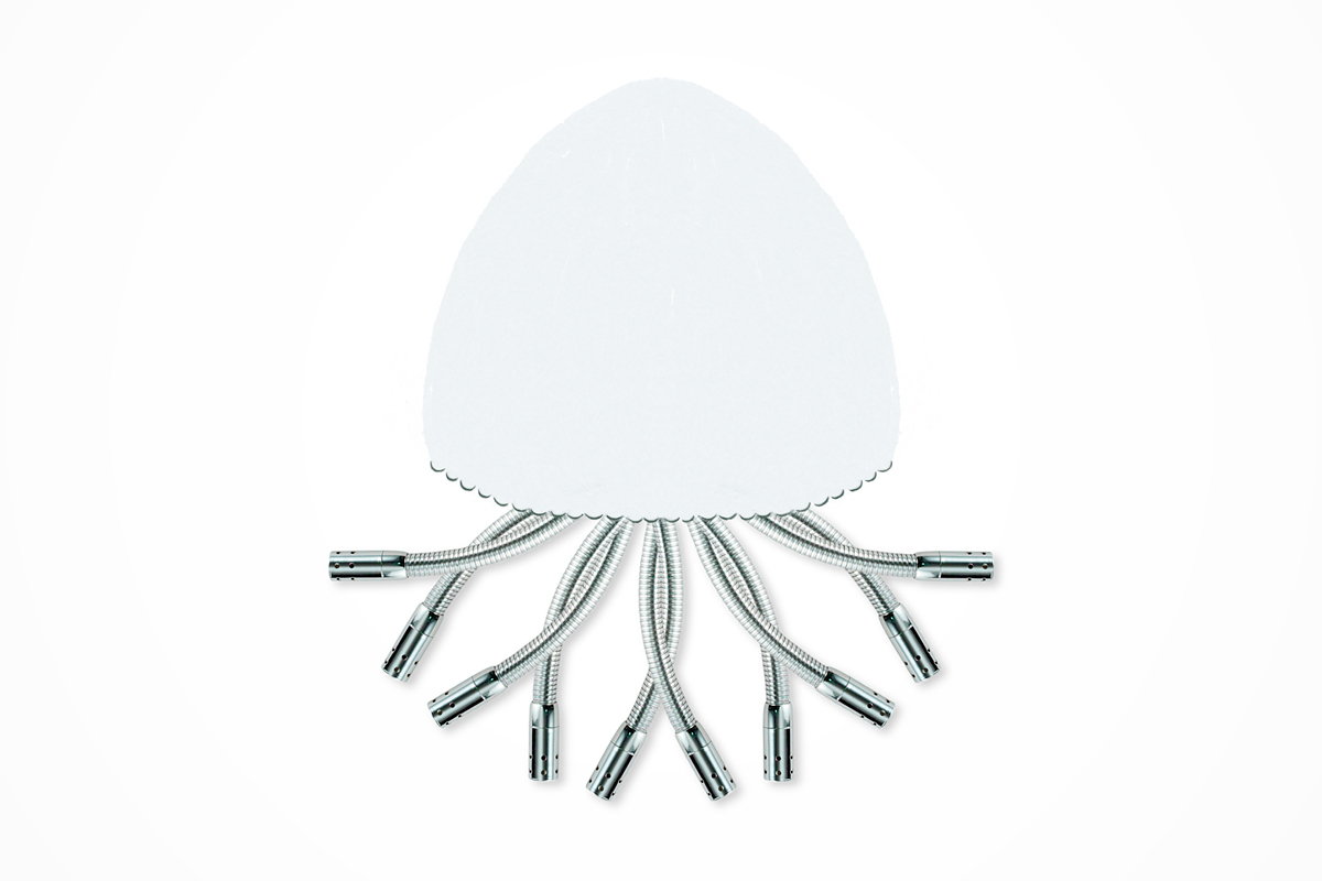 An illustration by Mariaelena Caputi of a jellyfish whose tentacles are made from lighter tubes.