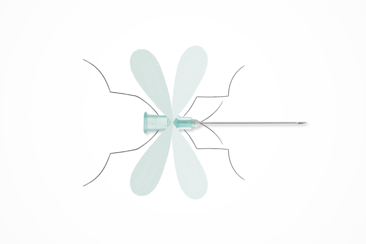 An illustration by Mariaelena Caputi of a mosquito whose body is a syringe needle.
