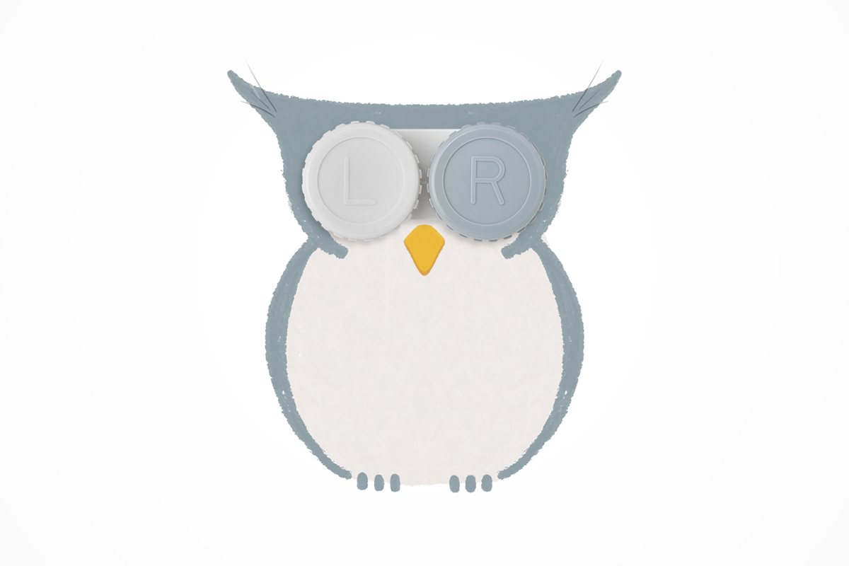 An illustration by Mariaelena Caputi of an owl whose eyes are a contact lens case.
